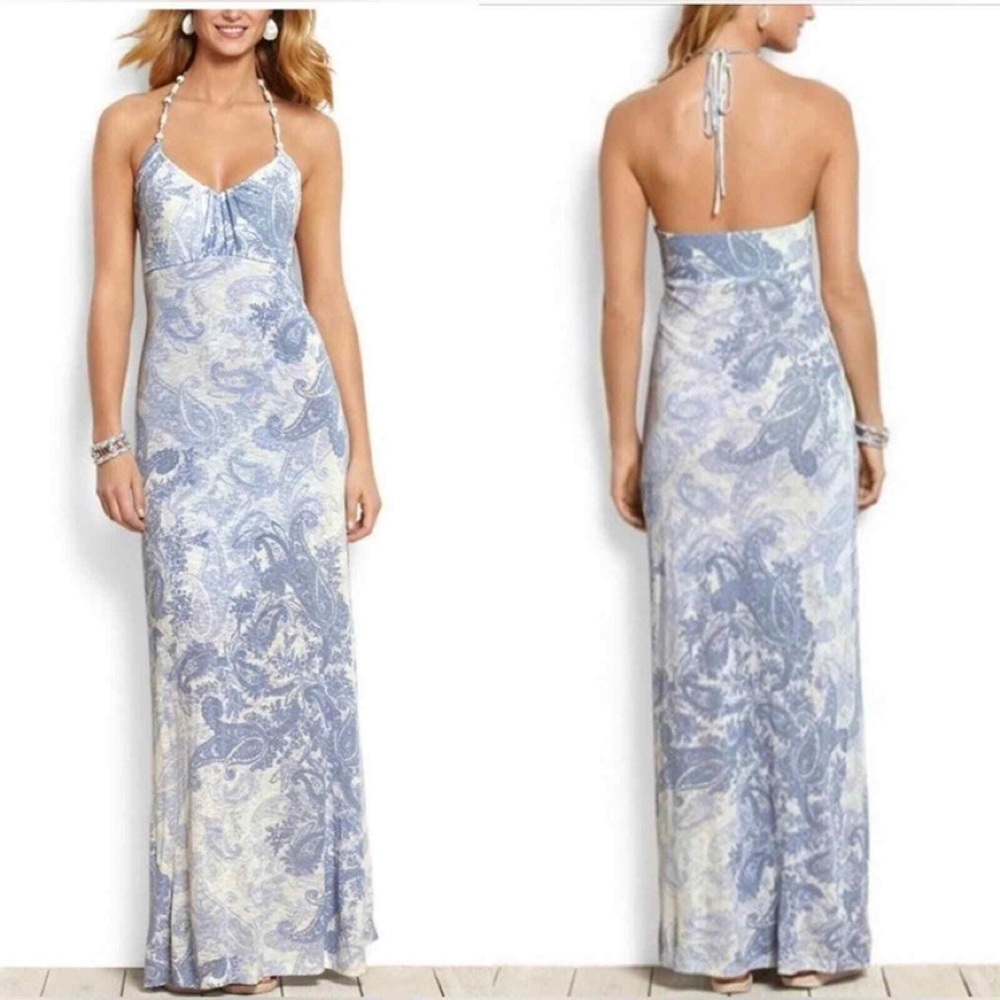 NWT Tommy Bahama Blue/White Paisley Jersey Halter Maxi Dress XS